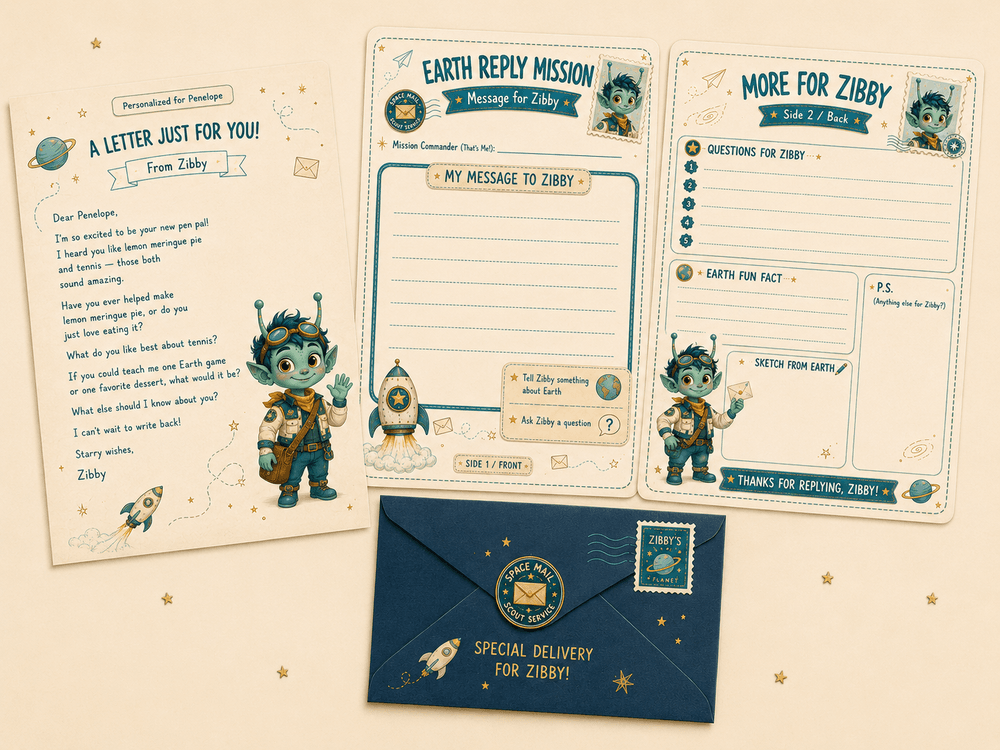 Sample Spriglit letter kit showing Zibby's letter, reply stationery, and envelope