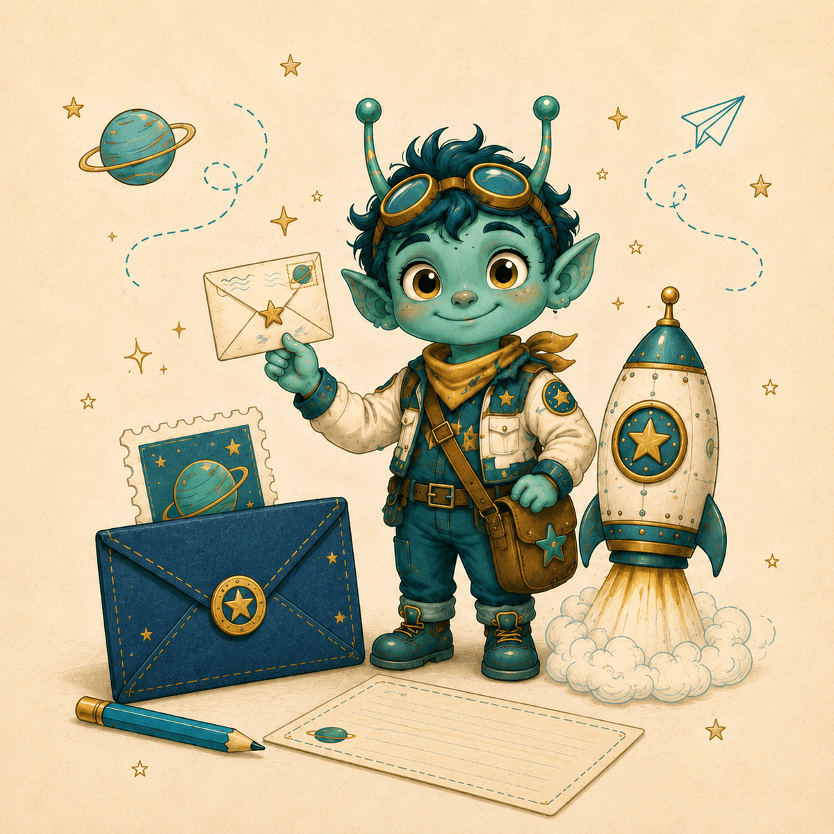 Zibby the alien pen pal holding an envelope, next to a rocket ship